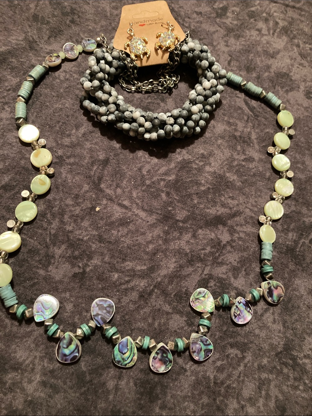 Ocean Inspired Teardrop & Green Bead Necklace, Boho Bracelet & Turtle Earrings
